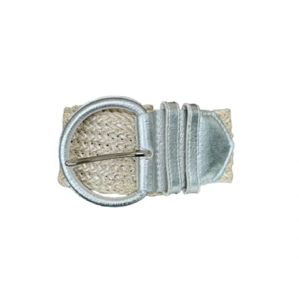 Boho Woven  Belt with Silver/cream Faux Leather Buckle